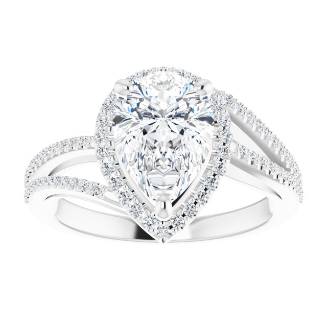 Cubic Zirconia Engagement Ring- The Claudette (Customizable Pear Cut Vintage Design with Halo Style and Asymmetrical Split-Pavé Band)