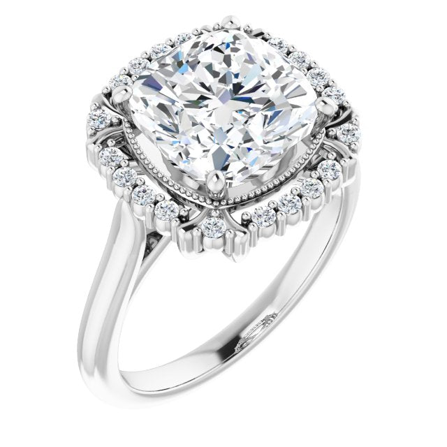 10K White Gold Customizable Cushion Cut Design with Majestic Crown Halo and Raised Illusion Setting