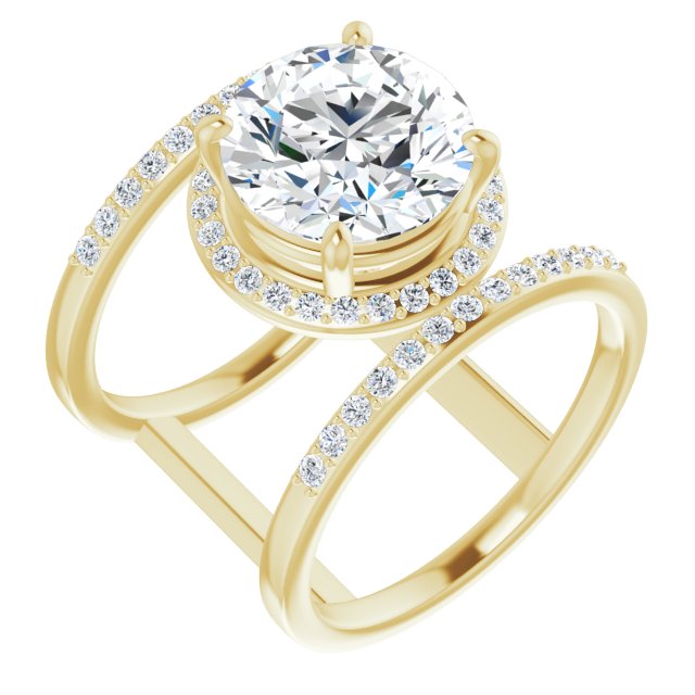 10K Yellow Gold Customizable Round Cut Halo Design with Open, Ultrawide Harness Double Pavé Band