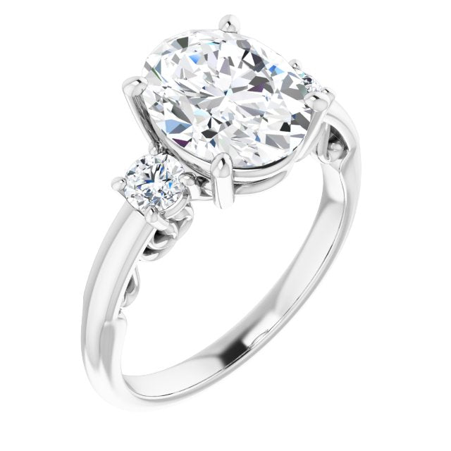 10K White Gold Customizable Oval Cut 3-stone Style featuring Heart-Motif Band Enhancement