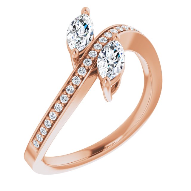 10K Rose Gold Customizable 2-stone Marquise Cut Bypass Design with Thin Twisting Shared Prong Band