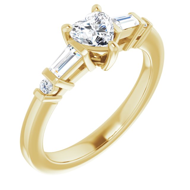 10K Yellow Gold Customizable 5-stone Baguette+Round-Accented Heart Cut Design)