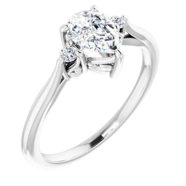 10K White Gold Customizable Three-stone Pear Cut Design with Small Round Accents and Vintage Trellis/Basket
