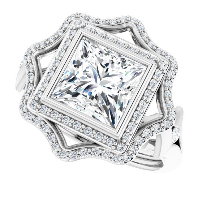 Cubic Zirconia Engagement Ring- The Cyra (Customizable Cathedral-bezel Princess/Square Cut Design with Floral Double Halo and Channel-Accented Split Band)