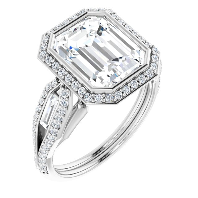 10K White Gold Customizable Cathedral-Bezel Emerald/Radiant Cut Design with Halo, Split-Pavé Band & Channel Baguettes