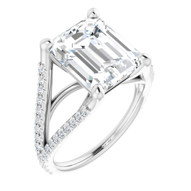 10K White Gold Customizable Cathedral-raised Emerald/Radiant Cut Center with Exquisite Accented Split-band