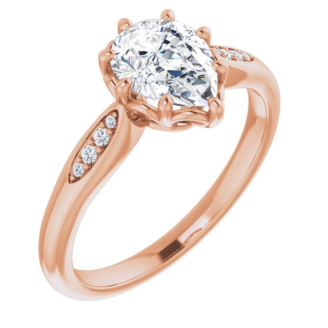 10K Rose Gold Customizable 9-stone Pear Cut Design with 8-prong Decorative Basket & Round Cut Side Stones
