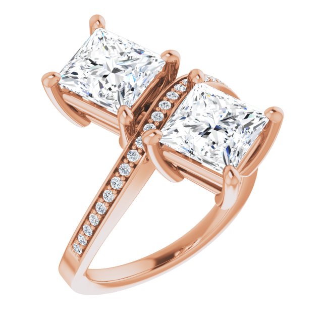 14K Rose Gold Customizable 2-stone Princess/Square Cut Bypass Design with Thin Twisting Shared Prong Band