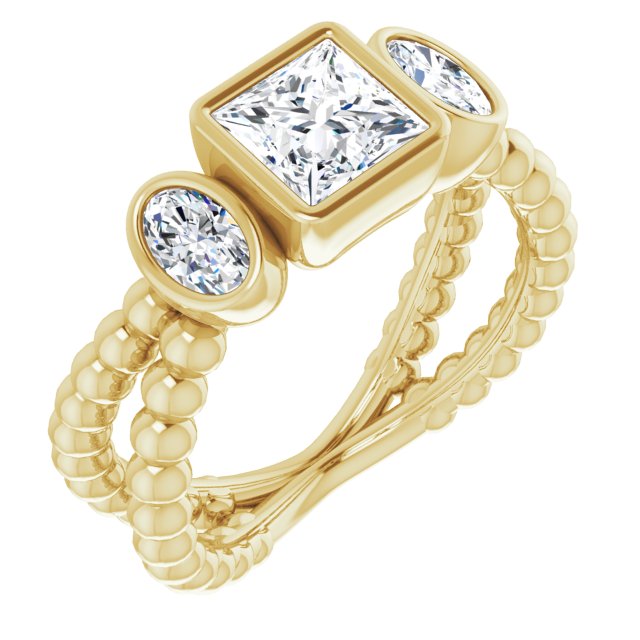 10K Yellow Gold Customizable 3-stone Princess/Square Cut Design with 2 Oval Cut Side Stones and Wide, Bubble-Bead Split-Band