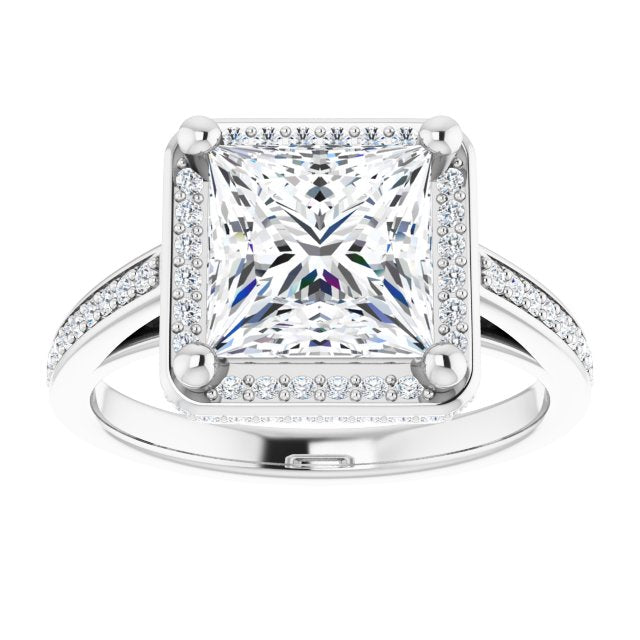 Cubic Zirconia Engagement Ring- The Estelle (Customizable Cathedral-Halo Princess/Square Cut Design with Under-halo & Shared Prong Band)