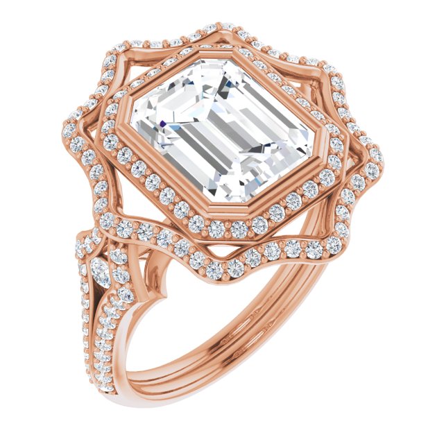 10K Rose Gold Customizable Emerald/Radiant Cut Style with Ultra-wide Pavé Split-Band and Nature-Inspired Double Halo