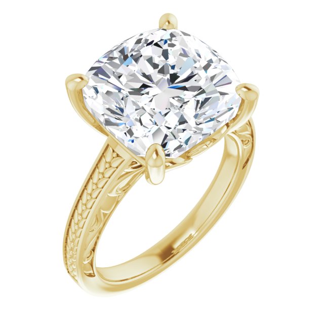 10K Yellow Gold Customizable Cushion Cut Solitaire with Organic Textured Band and Decorative Prong Basket