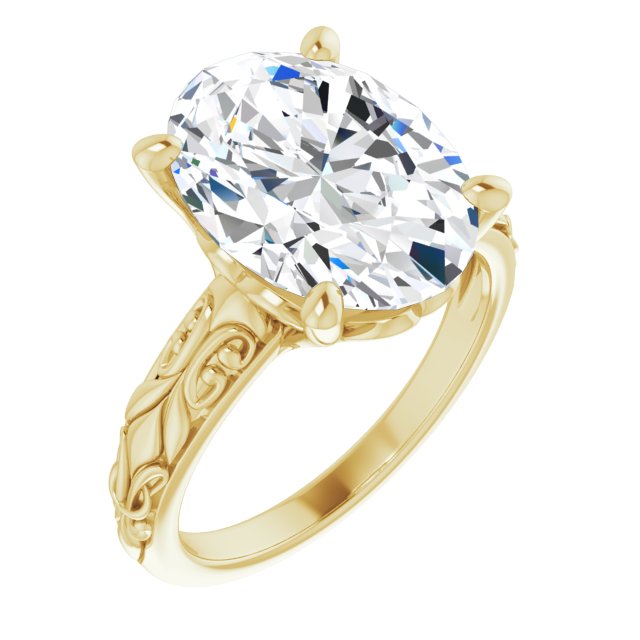 10K Yellow Gold Customizable Oval Cut Solitaire featuring Delicate Metal Scrollwork