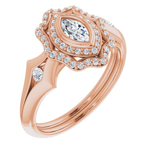 10K Rose Gold Customizable Cathedral-bezel Marquise Cut Design with Floral Double Halo and Channel-Accented Split Band