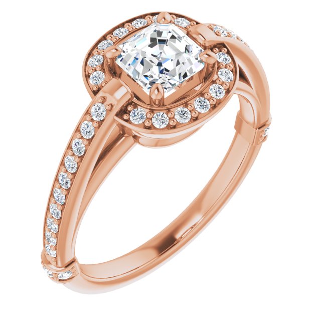 10K Rose Gold Customizable High-Cathedral Asscher Cut Design with Halo and Shared Prong Band
