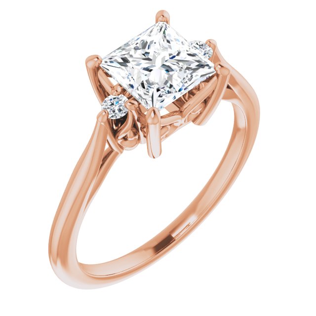 10K Rose Gold Customizable Three-stone Princess/Square Cut Design with Small Round Accents and Vintage Trellis/Basket