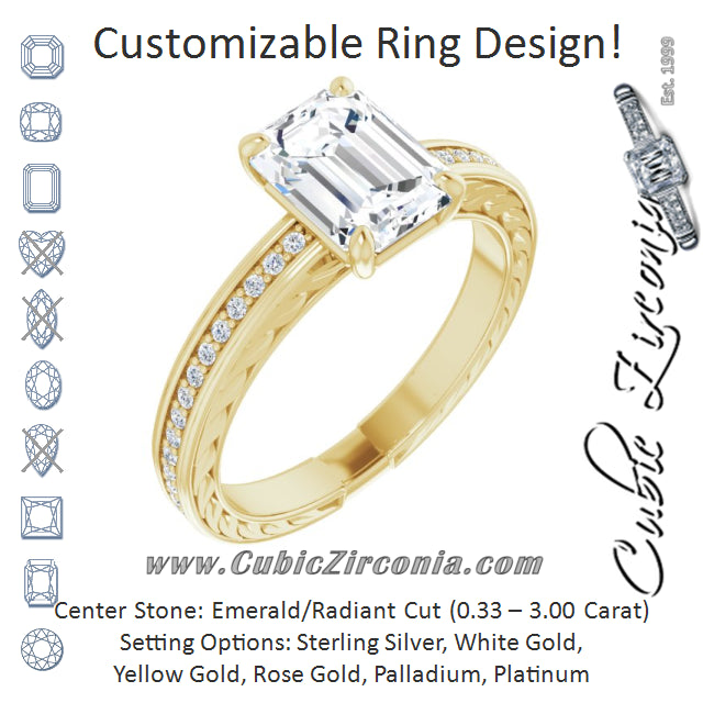 Cubic Zirconia Engagement Ring- The Angie (Customizable Emerald Cut Design with Rope-Filigree Hammered Inlay & Round Channel Accents)