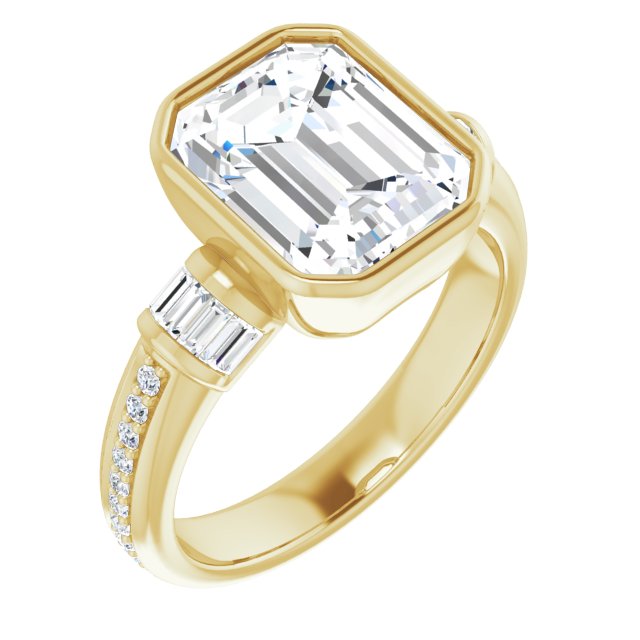 10K Yellow Gold Customizable Cathedral-Bezel Emerald/Radiant Cut Style with Horizontal Baguettes & Shared Prong Band