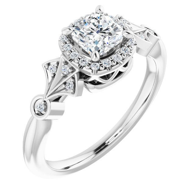 10K White Gold Customizable Cathedral-Crown Cushion Cut Design with Halo and Scalloped Side Stones