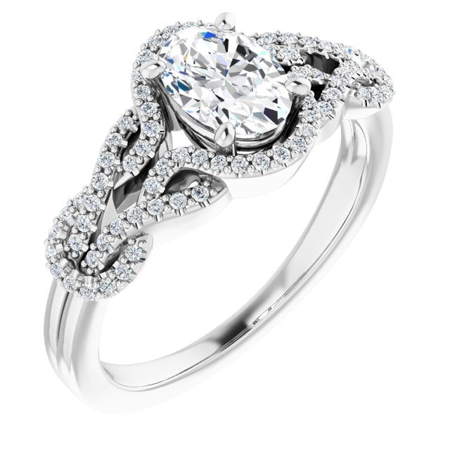 10K White Gold Customizable Oval Cut Design with Intricate Over-Under-Around Pavé Accented Band