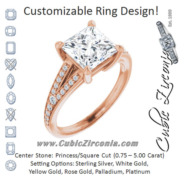 Cubic Zirconia Engagement Ring- The Gaurika (Customizable Princess/Square Cut Center with Thin Split-Shared Prong Band)