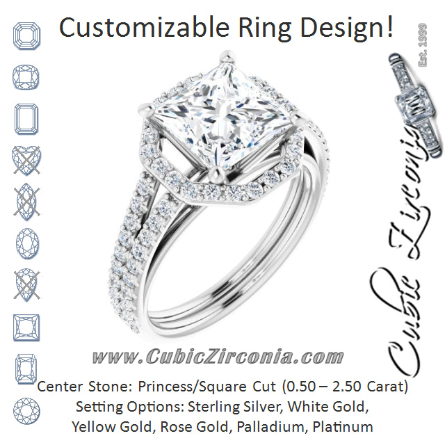 Cubic Zirconia Engagement Ring- The Danieela (Customizable Cathedral Princess/Square Cut Design with Geometric Halo & Split Pavé Band)