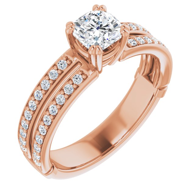 10K Rose Gold Customizable Cushion Cut Design featuring Split Band with Accents