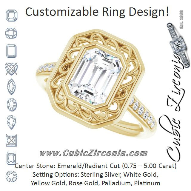 Cubic Zirconia Engagement Ring- The Hailey Belle (Customizable Cathedral-Bezel Radiant Cut Design with Floral Filigree and Thin Shared Prong Band)