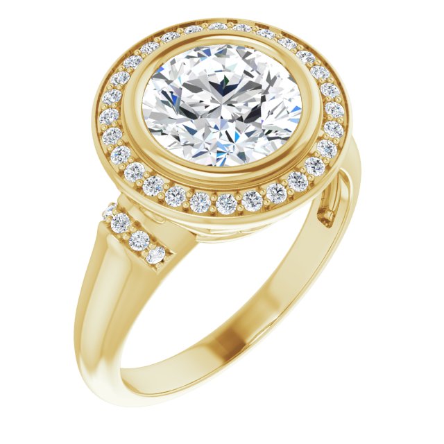 18K Yellow Gold Customizable Bezel-set Round Cut Design with Halo and Vertical Round Channel Accents