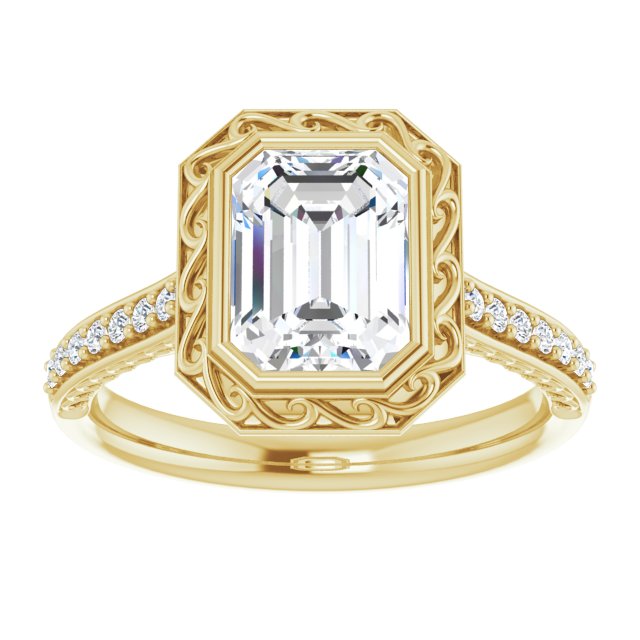 Cubic Zirconia Engagement Ring- The Itzayana (Customizable Cathedral-Bezel Radiant Cut Design featuring Accented Band with Filigree Inlay)