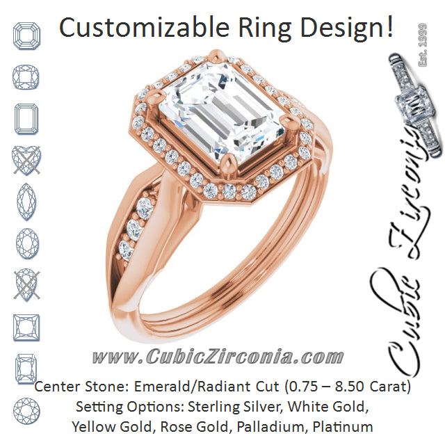 Cubic Zirconia Engagement Ring- The Ina Vaani (Customizable Cathedral-raised Radiant Cut Design with Halo and Tri-Cluster Band Accents)