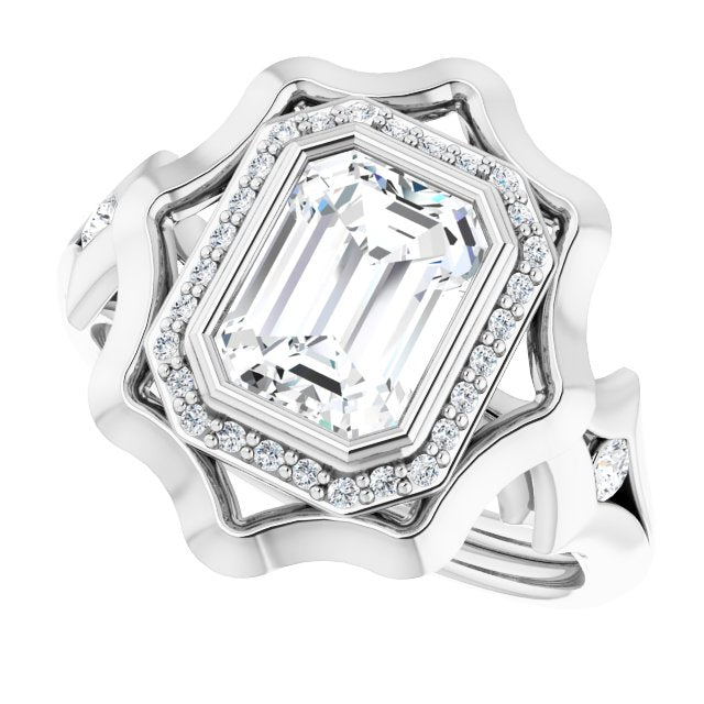 Cubic Zirconia Engagement Ring- The Jeanne (Customizable Bezel-set Radiant Cut with Halo & Oversized Floral Design)