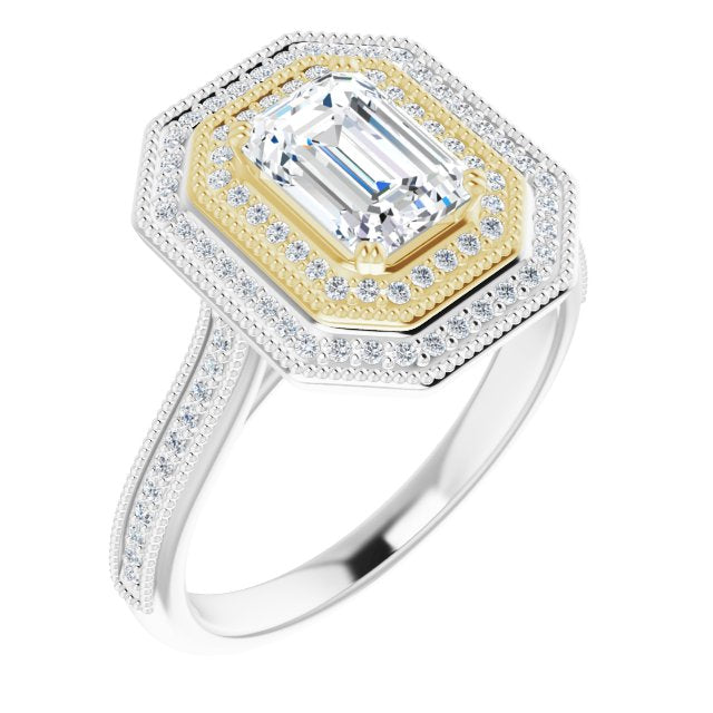 14K White & Yellow Gold Customizable Emerald/Radiant Cut Design with Elegant Double Halo, Houndstooth Milgrain and Band-Channel Accents