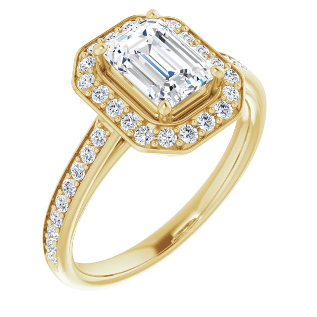 10K Yellow Gold Customizable Cathedral-raised Emerald/Radiant Cut Halo-and-Accented Band Design