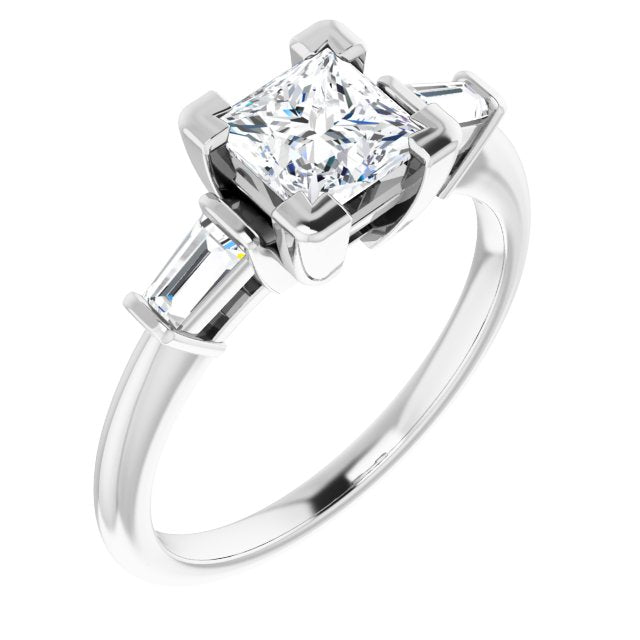 10K White Gold Customizable 3-stone Princess/Square Cut Design with Dual Baguette Accents)