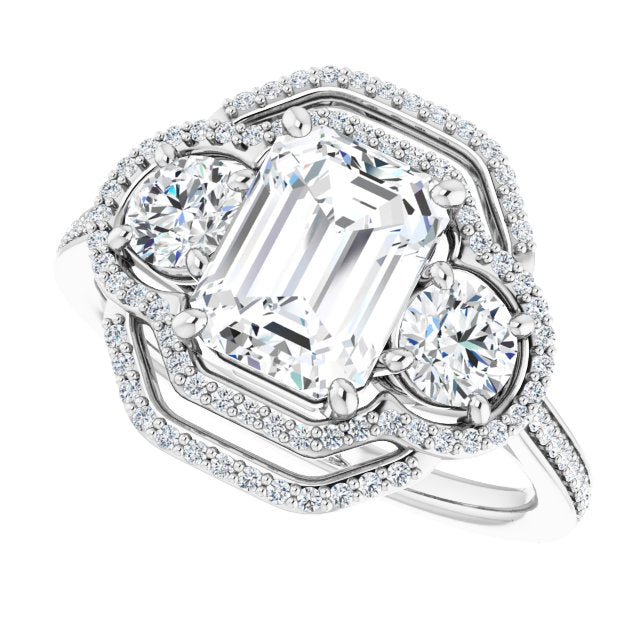 Cubic Zirconia Engagement Ring- The e'Mariana (Customizable Enhanced 3-stone Double-Halo Style with Emerald Cut Center and Thin Band)