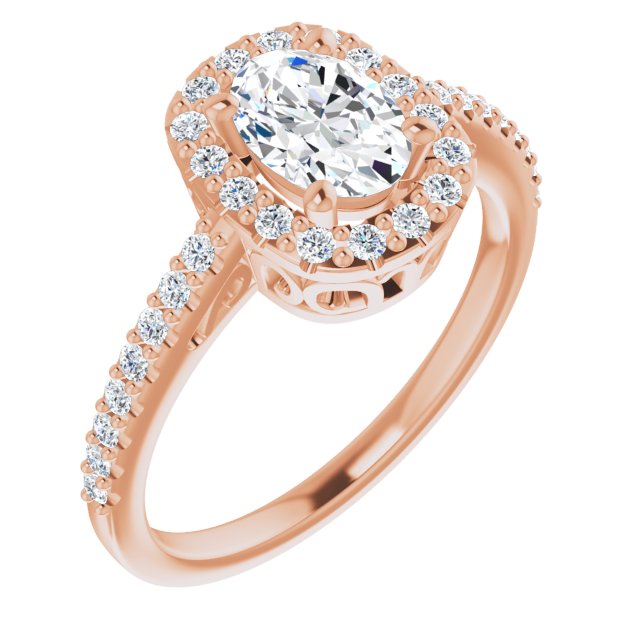 10K Rose Gold Customizable Cathedral-Crown Oval Cut Design with Halo and Accented Band
