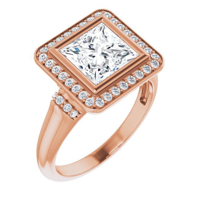 10K Rose Gold Customizable Bezel-set Princess/Square Cut Design with Halo and Vertical Round Channel Accents