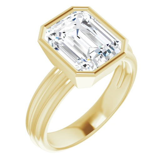 10K Yellow Gold Customizable Bezel-set Emerald/Radiant Cut Solitaire with Grooved Band