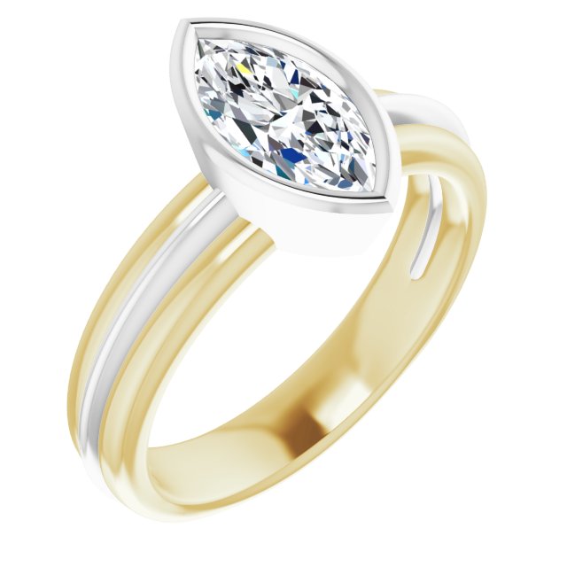 14K Yellow & White Gold Customizable Bezel-set Marquise Cut Solitaire with Grooved Band
