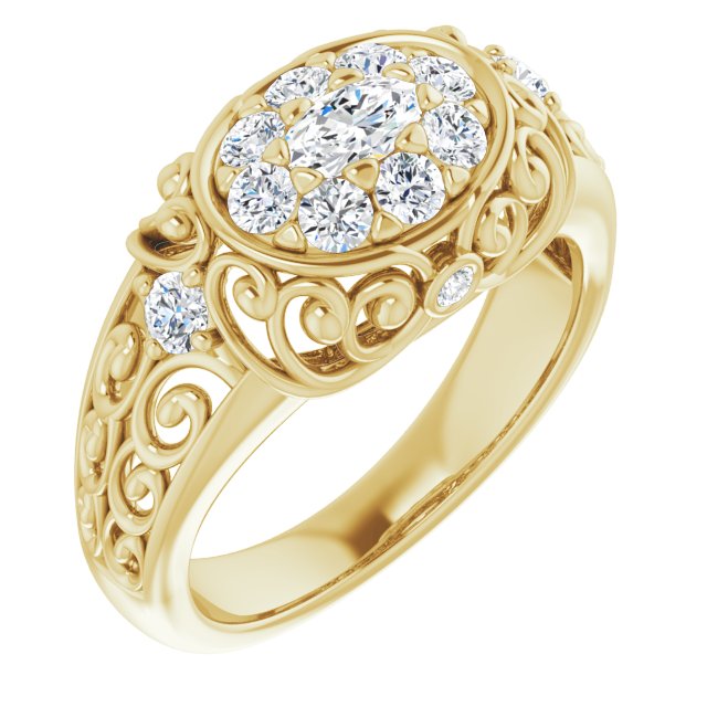 10K Yellow Gold Customizable Oval Cut Halo Style with Round Prong Side Stones and Intricate Metalwork