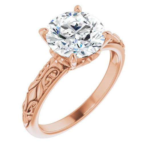 10K Rose Gold Customizable Round Cut Solitaire featuring Delicate Metal Scrollwork
