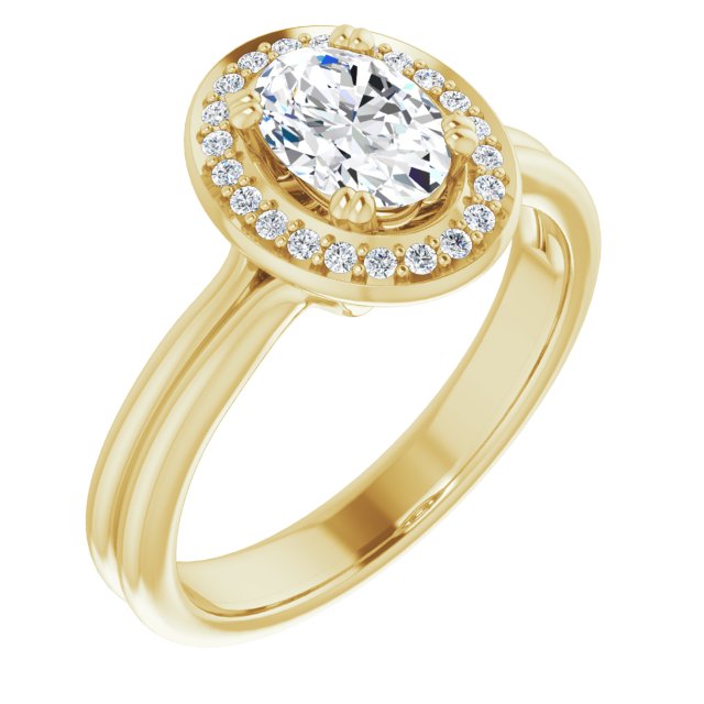 10K Yellow Gold Customizable Oval Cut Style with Scooped Halo and Grooved Band