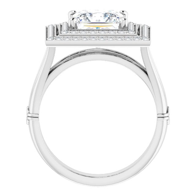 Cubic Zirconia Engagement Ring- The Cheryl (Customizable Cathedral-set Princess/Square Cut Design with Double Halo, Wide Split Band and Side Knuckle Accents)