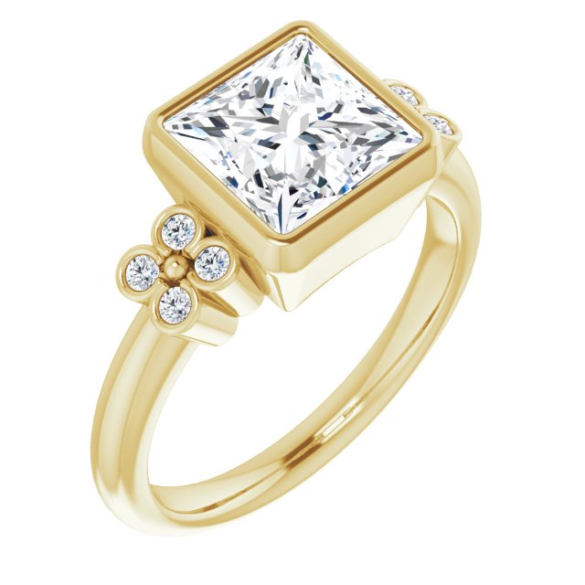 Cubic Zirconia Engagement Ring- The Kjerstin Rose (Customizable 9-stone Bezel-set Princess/Square Cut Design with Quad Round Bezel Side Stones Each Side)