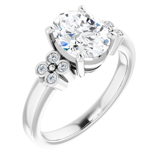 10K White Gold Customizable 9-stone Design with Oval Cut Center and Complementary Quad Bezel-Accent Sets