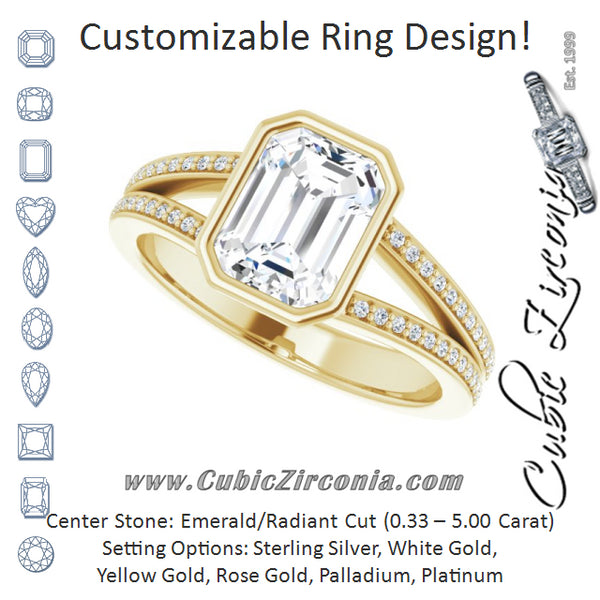Cubic Zirconia Engagement Ring- The Jenni Lou (Customizable Bezel-set Radiant Cut Design with Split Shared Prong Band)