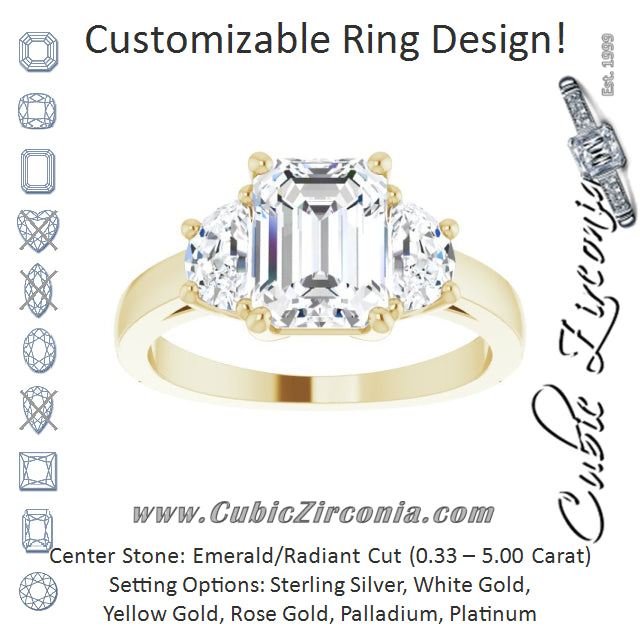 Cubic Zirconia Engagement Ring- The Bree (Customizable 3-stone Design with Emerald Cut Center and Half-moon Side Stones)