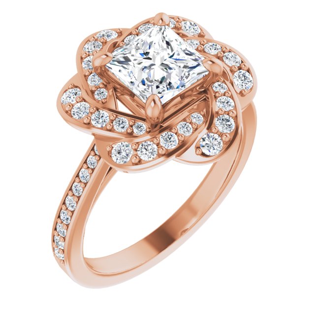 10K Rose Gold Customizable Cathedral-raised Princess/Square Cut Design with Floral/Knot Halo and Thin Accented Band