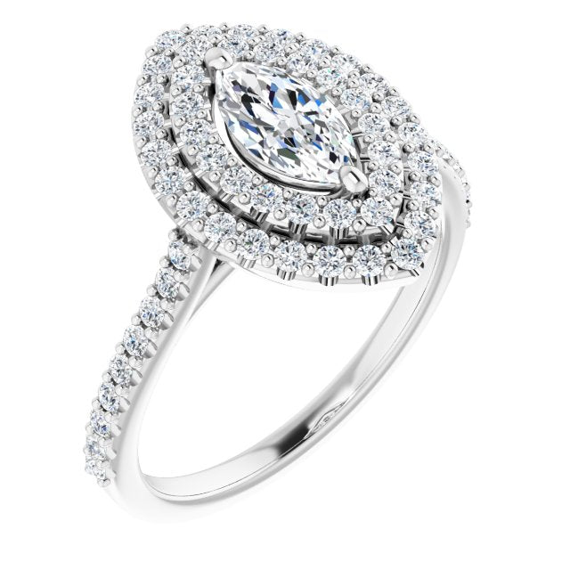 10K White Gold Customizable Double-Halo Marquise Cut Design with Accented Split Band